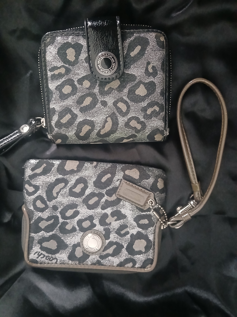 Coach Metallic Leopard Wristlet and Zip Wallet - Silver, Black, Taupe